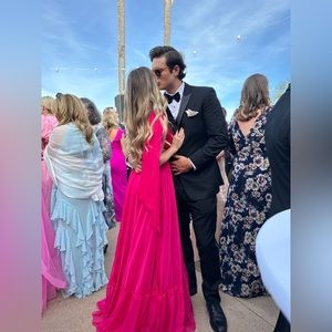 Mac Duggal Tiered One Shoulder Ruched Gown in Hot Pink Size 2